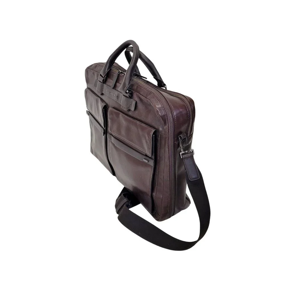 Piquadro Dark Brown Leather Business Bag With Adjustable Strap Multiple Pockets - Picture 4 of 8
